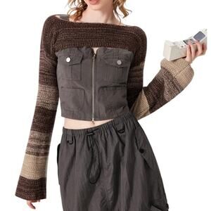 Cider Women's Small Brown Stripe Bell Long Sleeve Crop Round Neck Knit Top